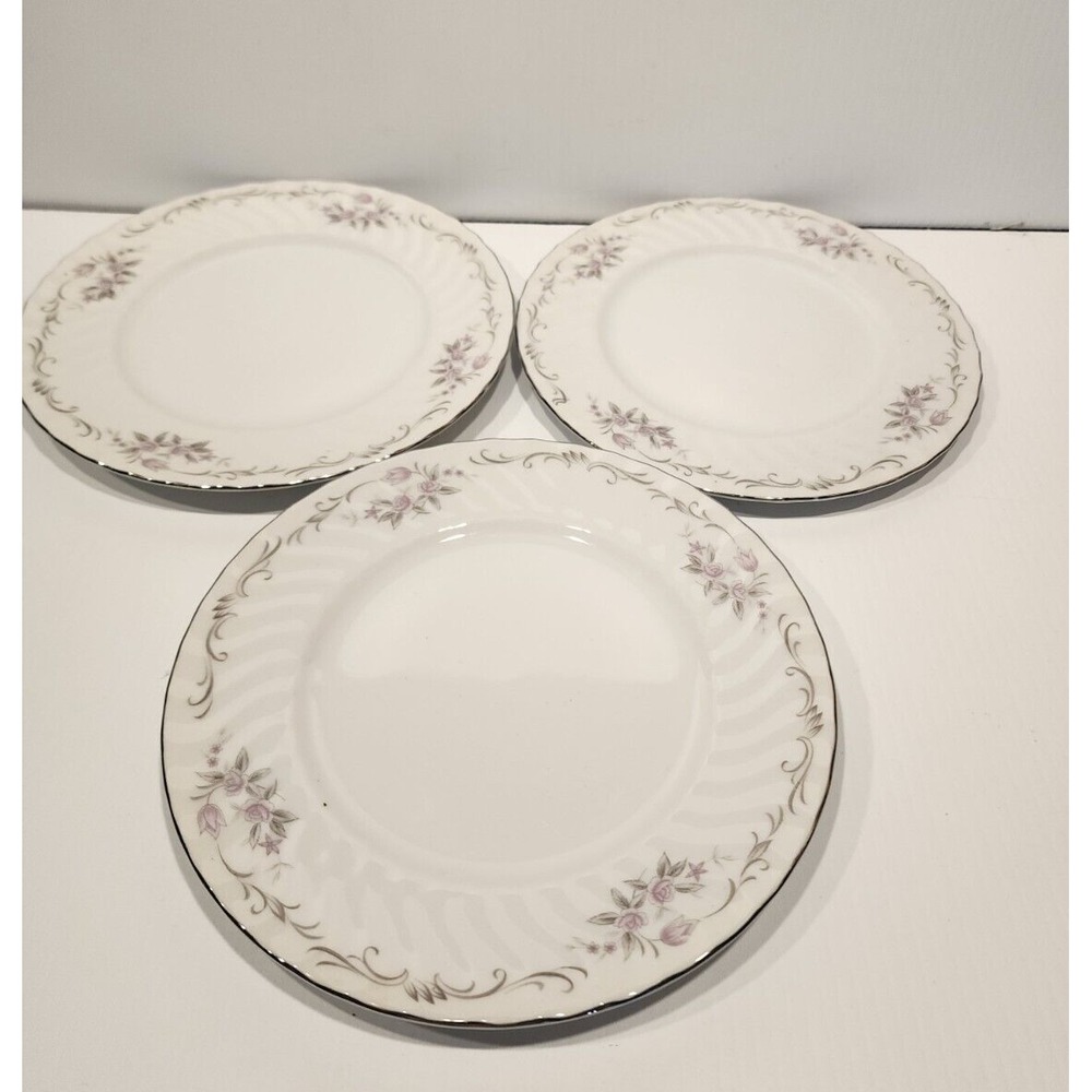 Gold Standard Fine China GST1 Salad Plates White Pink Flowers Gray Scrolls (3)